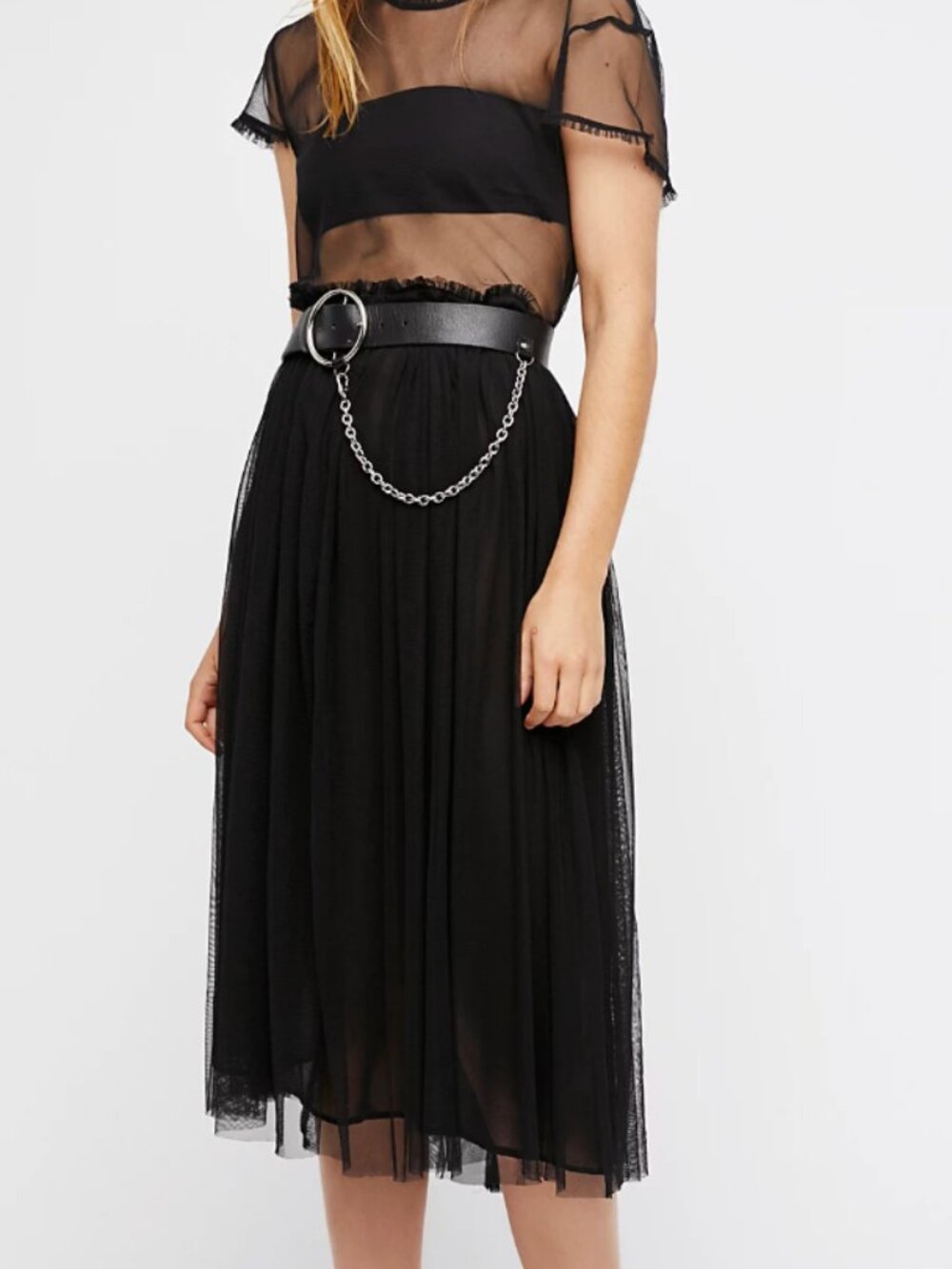Free People Black Sheer Layered Midi Dress with Short Sleeves